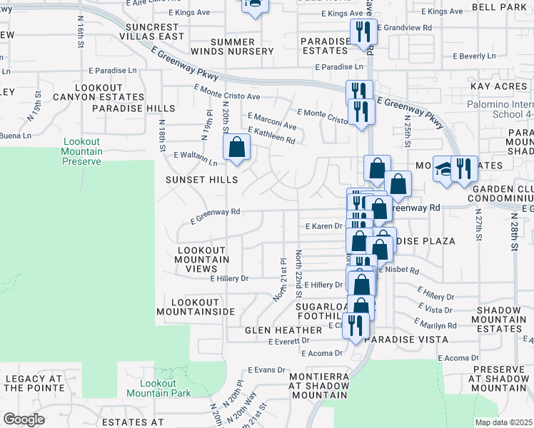 map of restaurants, bars, coffee shops, grocery stores, and more near 2118 East Karen Drive in Phoenix