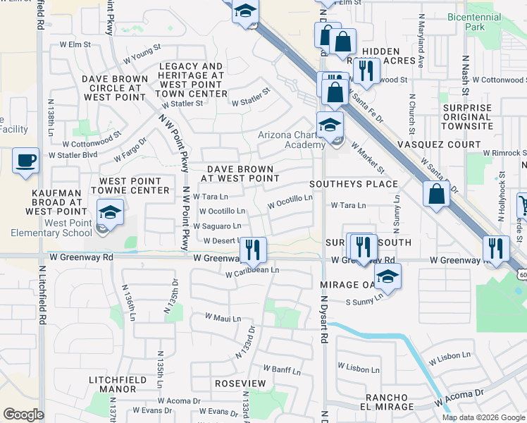 map of restaurants, bars, coffee shops, grocery stores, and more near 15608 North Ulrich Way in Surprise