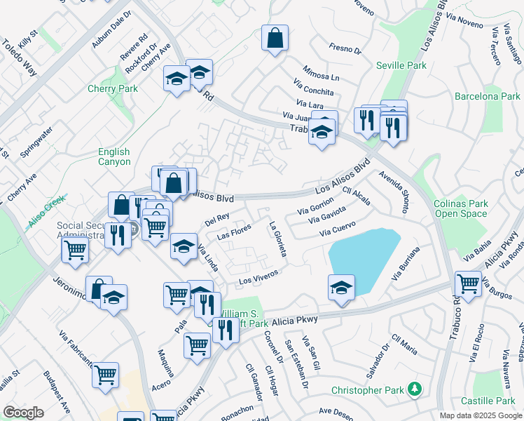 map of restaurants, bars, coffee shops, grocery stores, and more near 23221 La Glorieta in Mission Viejo