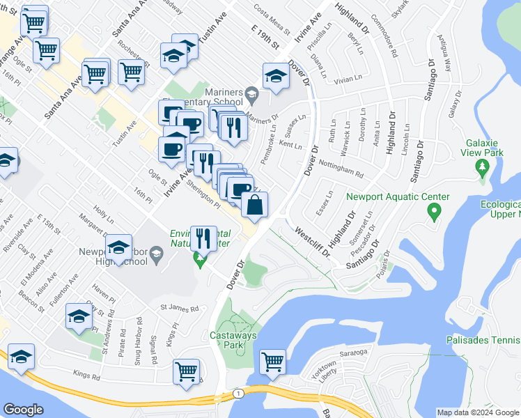 map of restaurants, bars, coffee shops, grocery stores, and more near 1506 Westcliff Drive in Newport Beach