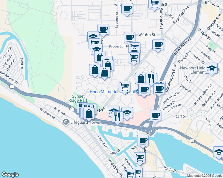 map of restaurants, bars, coffee shops, grocery stores, and more near 1401 Superior Avenue in Newport Beach