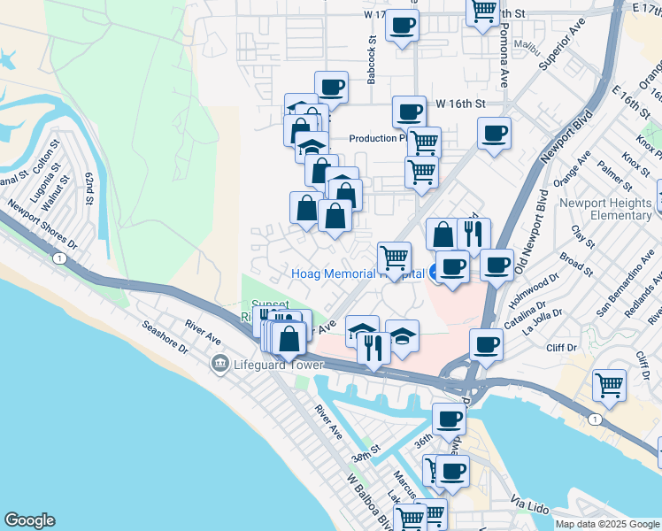 map of restaurants, bars, coffee shops, grocery stores, and more near 8 Seaside Circle in Newport Beach