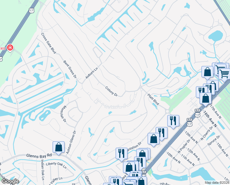map of restaurants, bars, coffee shops, grocery stores, and more near 2 Colony Drive in Myrtle Beach