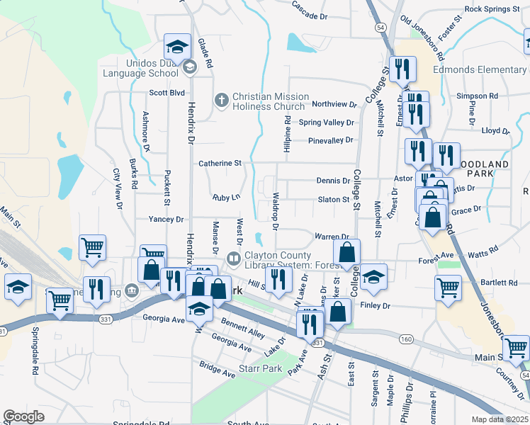 map of restaurants, bars, coffee shops, grocery stores, and more near 4711 Waldrop Drive in Forest Park