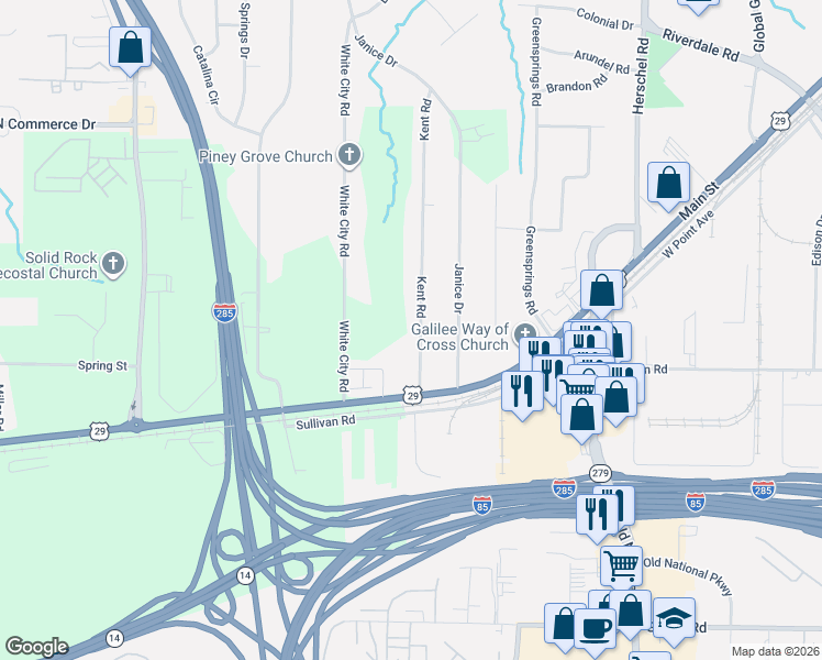 map of restaurants, bars, coffee shops, grocery stores, and more near 4765 Kent Road in Atlanta