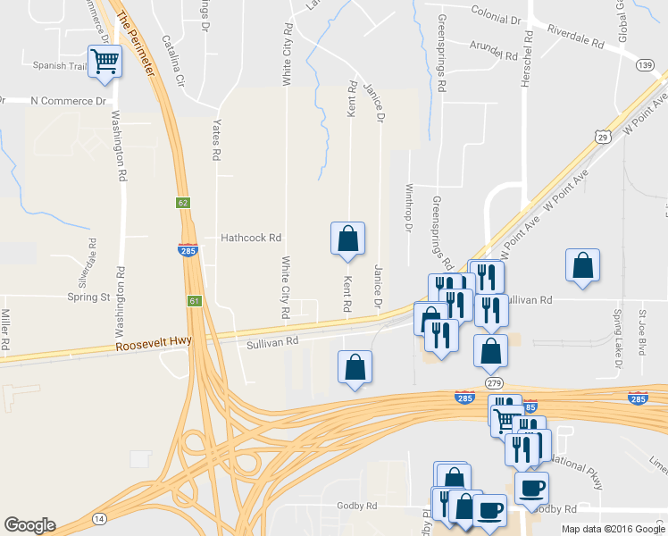 map of restaurants, bars, coffee shops, grocery stores, and more near 4765 Kent Road in Atlanta