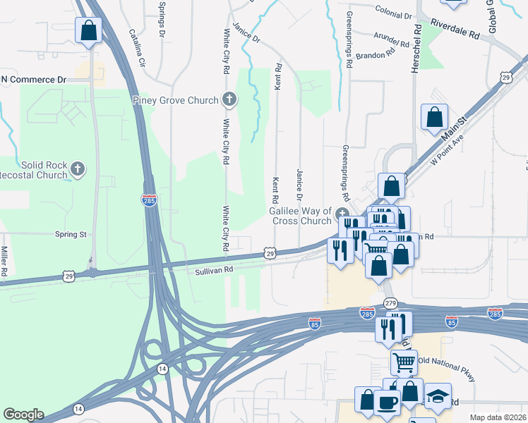 map of restaurants, bars, coffee shops, grocery stores, and more near 4765 Kent Road in Atlanta