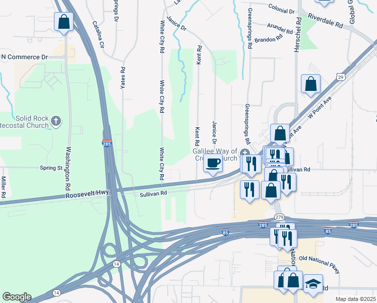 map of restaurants, bars, coffee shops, grocery stores, and more near 4755 Kent Road in Atlanta