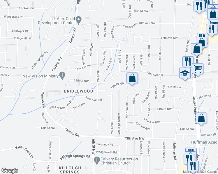 map of restaurants, bars, coffee shops, grocery stores, and more near 512 15th Court Northwest in Center Point