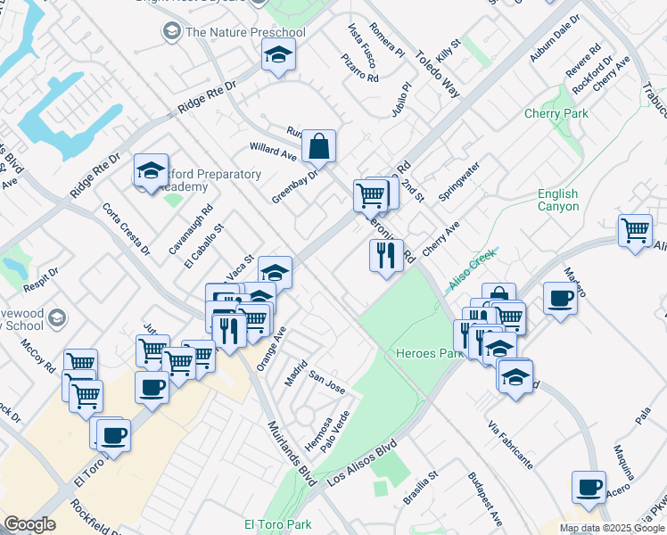 map of restaurants, bars, coffee shops, grocery stores, and more near 25101 Front Street in Lake Forest