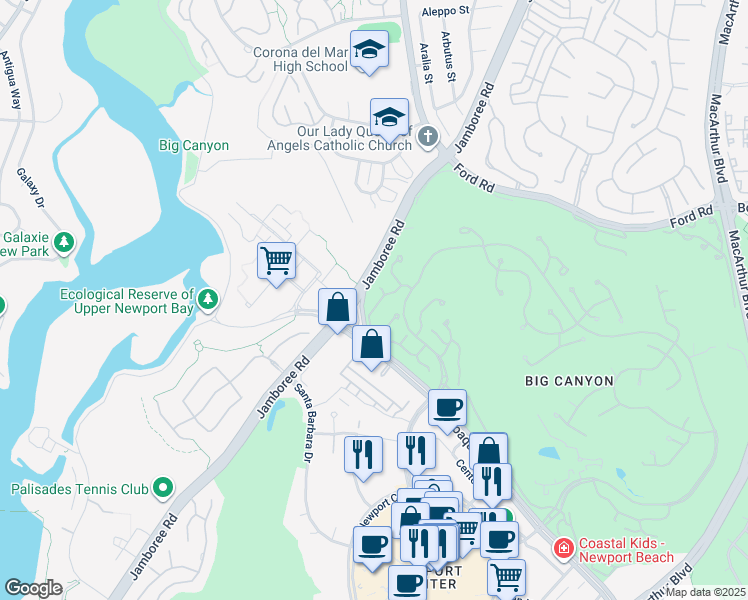 map of restaurants, bars, coffee shops, grocery stores, and more near 35 Rue Fontainbleau in Newport Beach