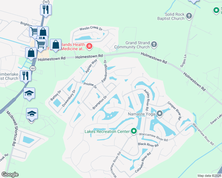 map of restaurants, bars, coffee shops, grocery stores, and more near 3608 Brampton Drive in Myrtle Beach