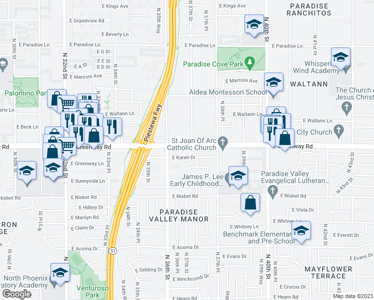 map of restaurants, bars, coffee shops, grocery stores, and more near 3644 East Karen Drive in Phoenix