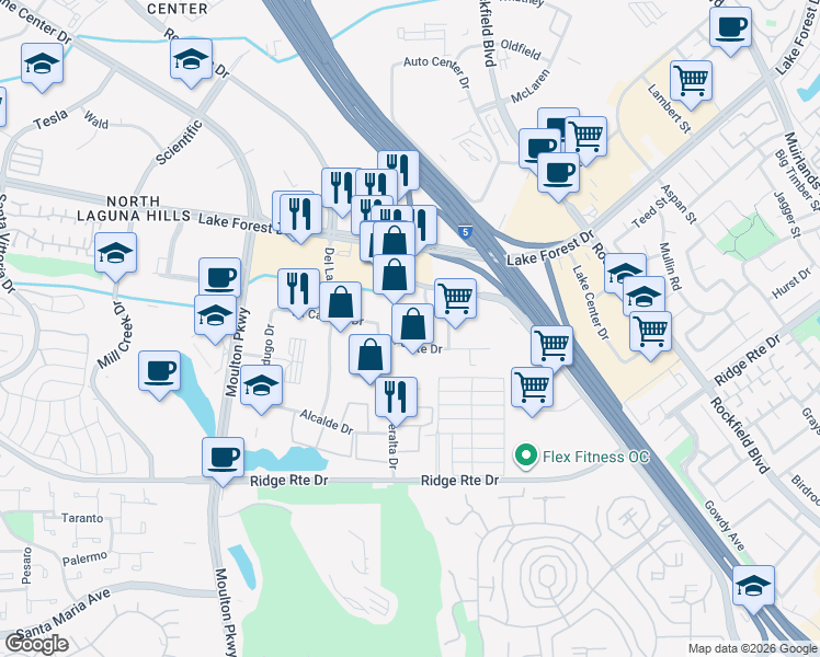 map of restaurants, bars, coffee shops, grocery stores, and more near 23275 South Pointe Drive in Laguna Hills
