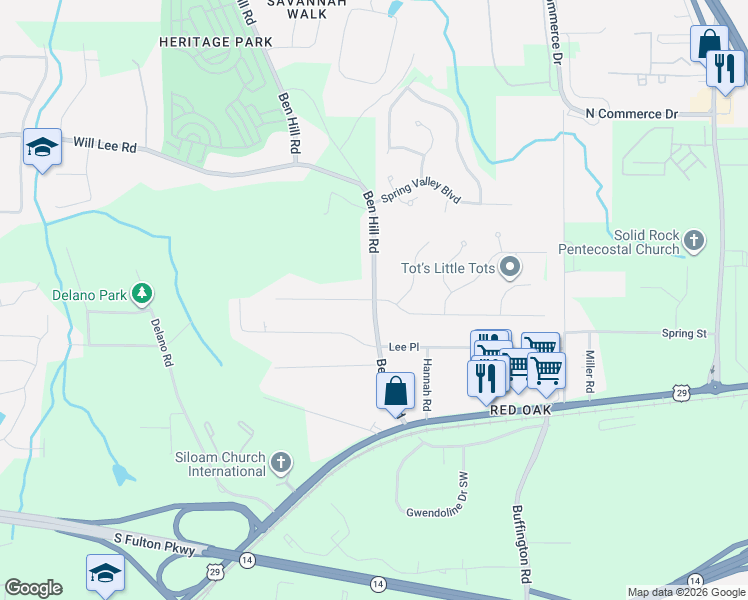 map of restaurants, bars, coffee shops, grocery stores, and more near 4765 Ben Hill Road in College Park