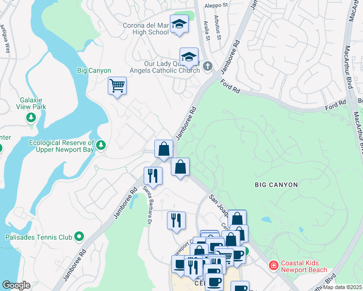 map of restaurants, bars, coffee shops, grocery stores, and more near 35 Rue Fontainbleau in Newport Beach