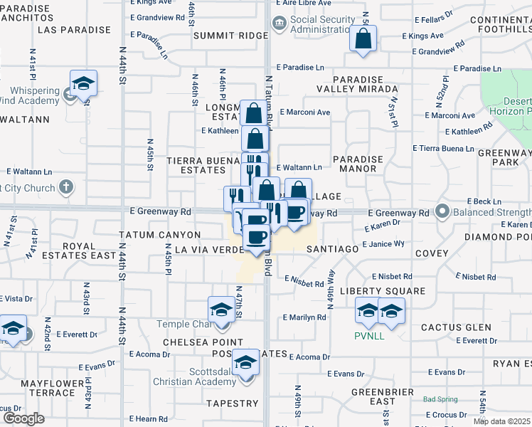 map of restaurants, bars, coffee shops, grocery stores, and more near N Tatum Blvd & E Greenway Rd in Paradise Valley