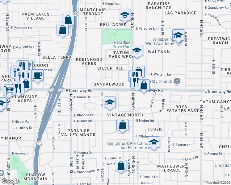 map of restaurants, bars, coffee shops, grocery stores, and more near 3801 East Greenway Road in Phoenix