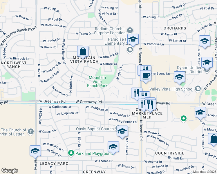 map of restaurants, bars, coffee shops, grocery stores, and more near 15540 North 156th Lane in Surprise