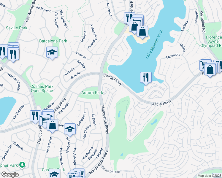map of restaurants, bars, coffee shops, grocery stores, and more near 27572 Lene in Mission Viejo