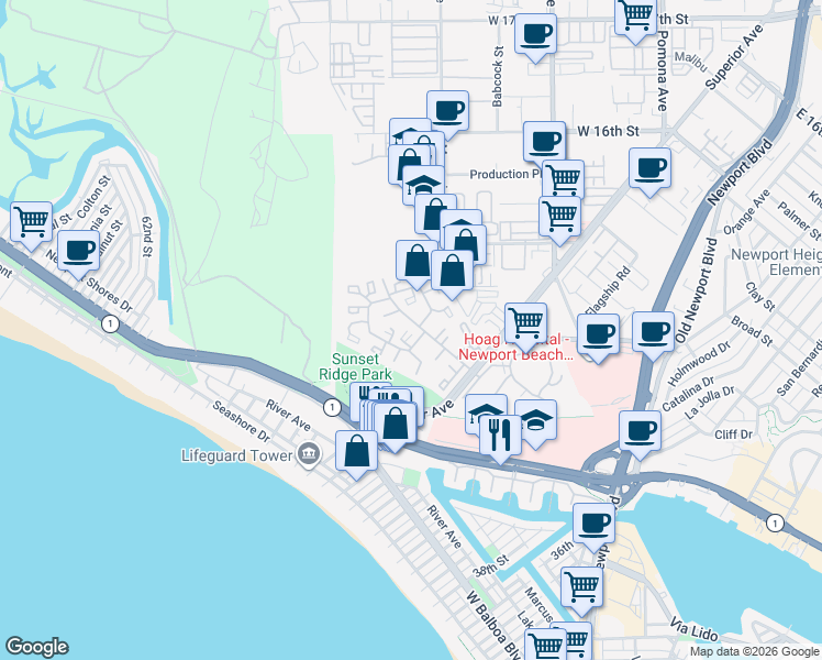 map of restaurants, bars, coffee shops, grocery stores, and more near 16 Barlovento Court in Newport Beach