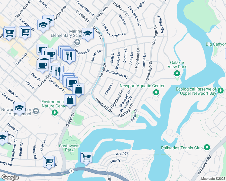 map of restaurants, bars, coffee shops, grocery stores, and more near 1133 Berkshire Lane in Newport Beach