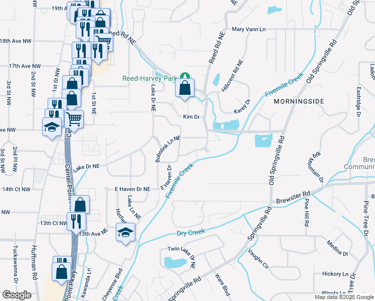 map of restaurants, bars, coffee shops, grocery stores, and more near 1612 Barrington Lane Northeast in Center Point