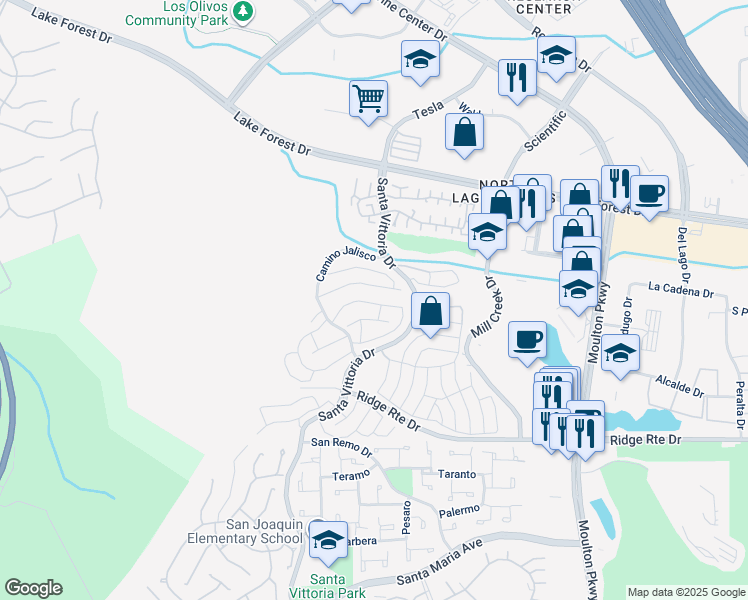 map of restaurants, bars, coffee shops, grocery stores, and more near 22321 Caminito Olivia in Laguna Hills