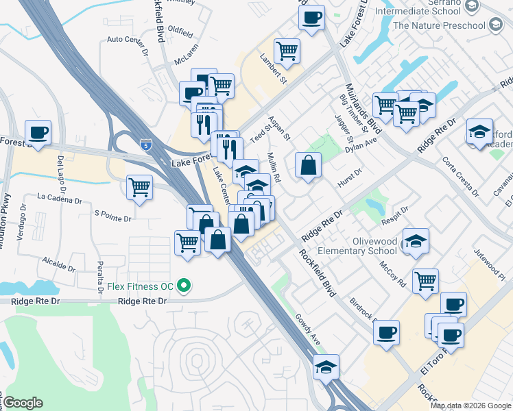 map of restaurants, bars, coffee shops, grocery stores, and more near 23832 Rockfield Boulevard in Lake Forest
