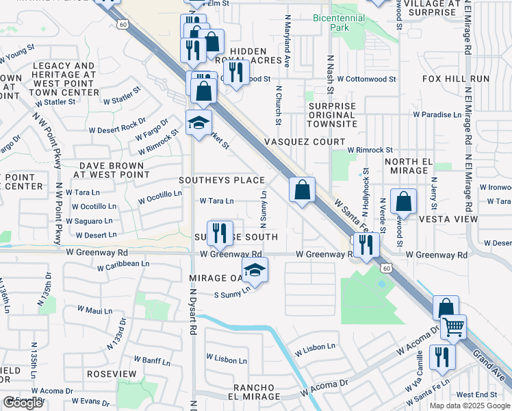 map of restaurants, bars, coffee shops, grocery stores, and more near 15524 North Sunny Lane in Surprise