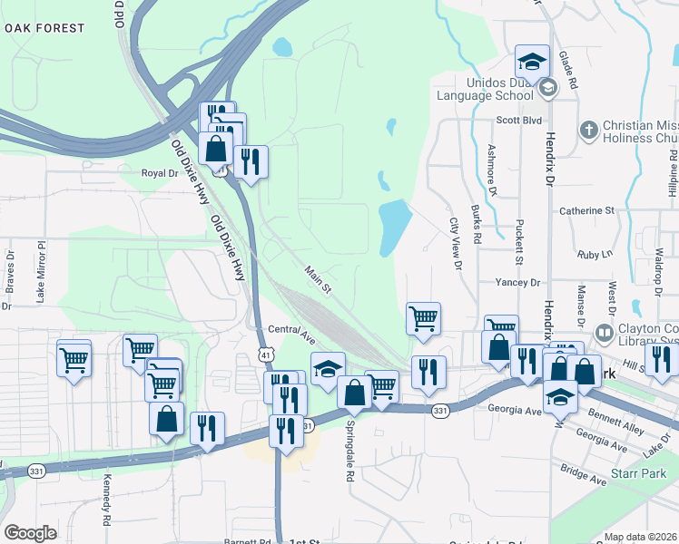 map of restaurants, bars, coffee shops, grocery stores, and more near 260 Main Street in Forest Park