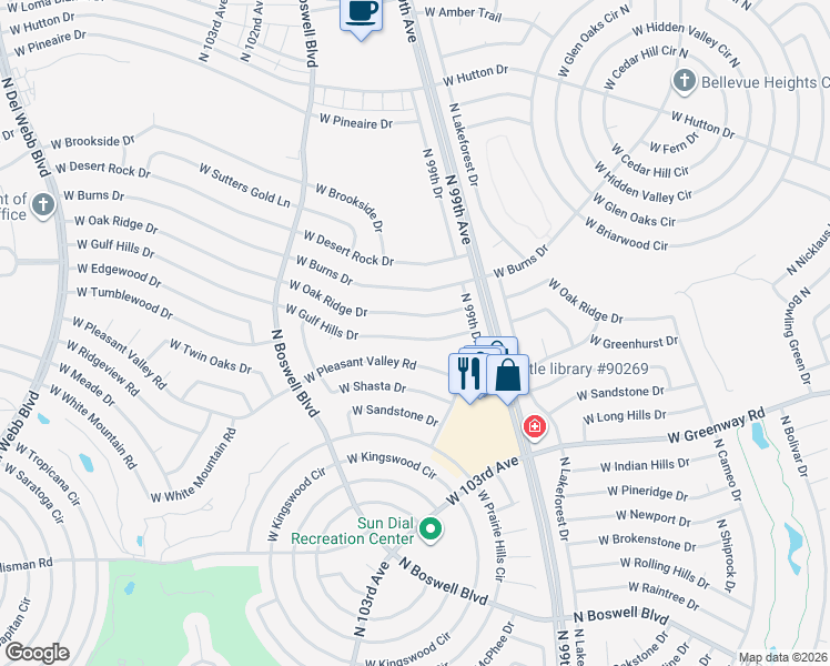 map of restaurants, bars, coffee shops, grocery stores, and more near 9941 West Gulf Hills Drive in Sun City