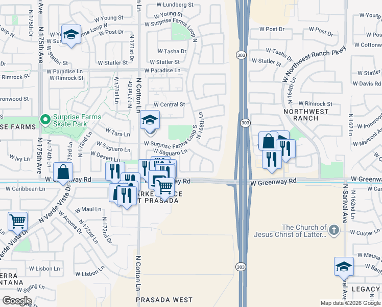 map of restaurants, bars, coffee shops, grocery stores, and more near 15418 North 168th Lane in Surprise