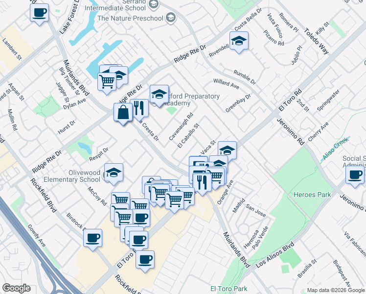 map of restaurants, bars, coffee shops, grocery stores, and more near 23142 El Caballo Street in Lake Forest