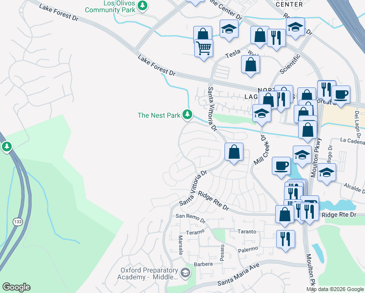 map of restaurants, bars, coffee shops, grocery stores, and more near 22197 Caminito Laureles in Laguna Hills