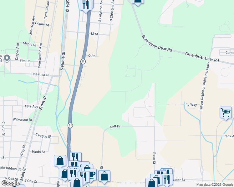 map of restaurants, bars, coffee shops, grocery stores, and more near 1207 Eagle Pass Way in Anniston