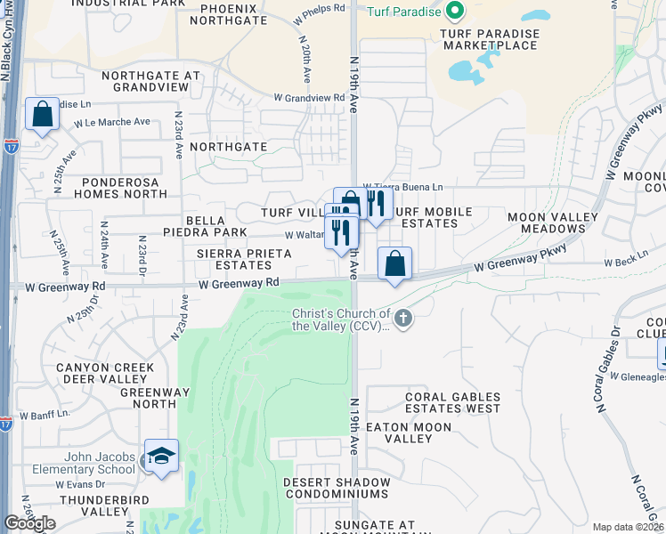 map of restaurants, bars, coffee shops, grocery stores, and more near 1924 West Greenway Road in Phoenix