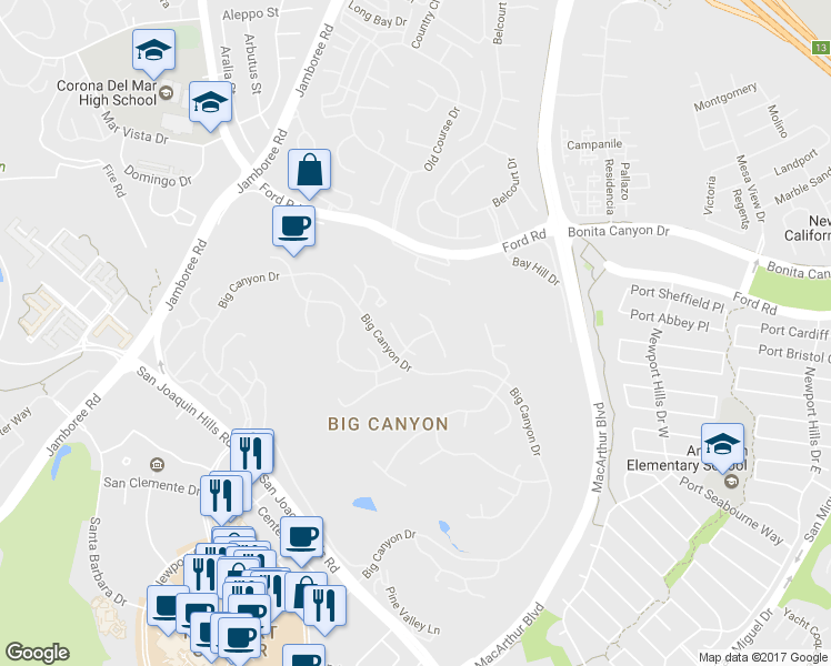 map of restaurants, bars, coffee shops, grocery stores, and more near 52 Burning Tree Road in Newport Beach
