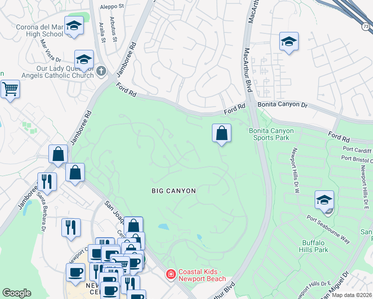 map of restaurants, bars, coffee shops, grocery stores, and more near 52 Burning Tree Road in Newport Beach
