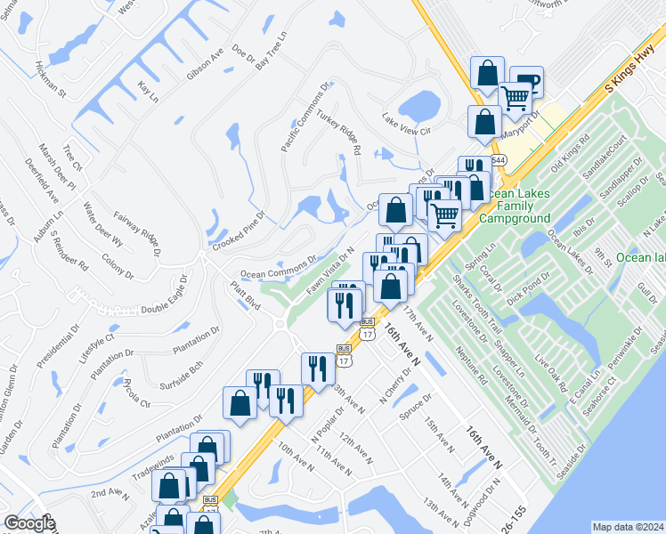 map of restaurants, bars, coffee shops, grocery stores, and more near 1704 Fawn Vista Drive North in Myrtle Beach