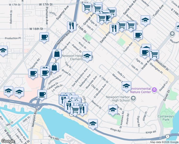 map of restaurants, bars, coffee shops, grocery stores, and more near 535 Redlands Avenue in Newport Beach