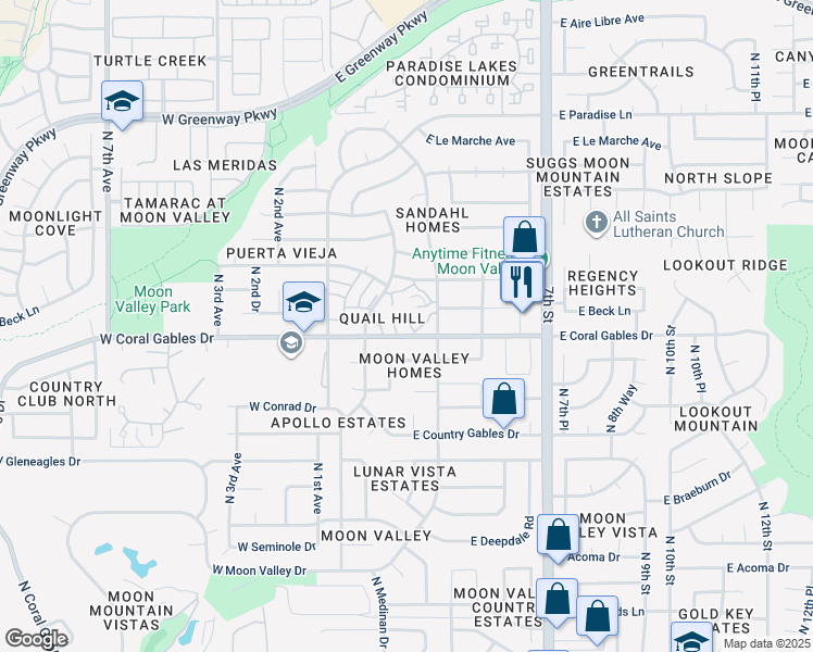 map of restaurants, bars, coffee shops, grocery stores, and more near 225 East Coral Gables Drive in Phoenix