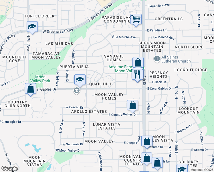map of restaurants, bars, coffee shops, grocery stores, and more near 225 East Coral Gables Drive in Phoenix