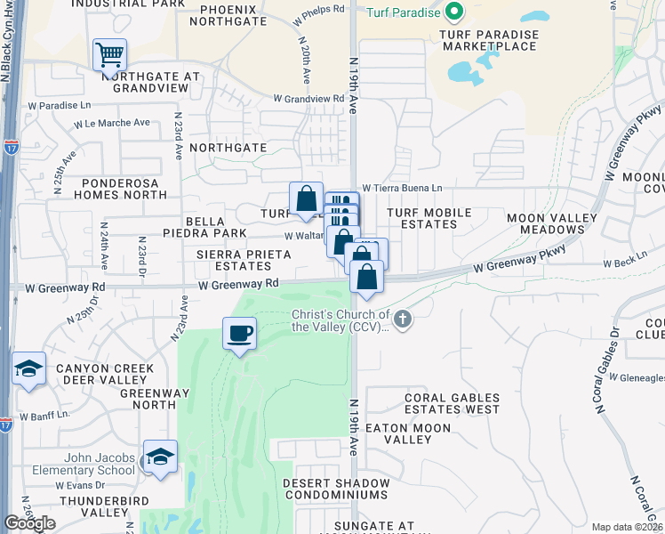 map of restaurants, bars, coffee shops, grocery stores, and more near 1924 West Greenway Road in Phoenix