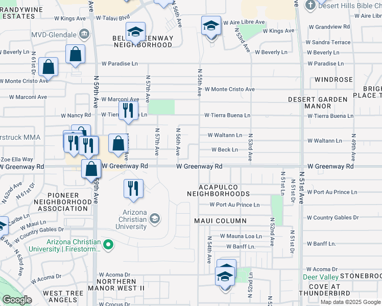 map of restaurants, bars, coffee shops, grocery stores, and more near 15404 North 55th Avenue in Glendale