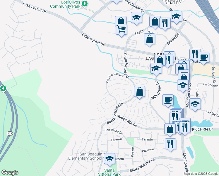 map of restaurants, bars, coffee shops, grocery stores, and more near 22197 Caminito Laureles in Laguna Hills