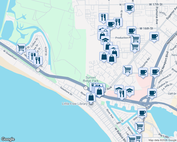map of restaurants, bars, coffee shops, grocery stores, and more near 25 Ima Loa Court in Newport Beach