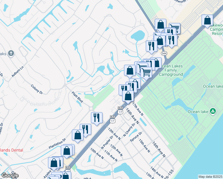 map of restaurants, bars, coffee shops, grocery stores, and more near 1616 Azalea Drive in Surfside Beach