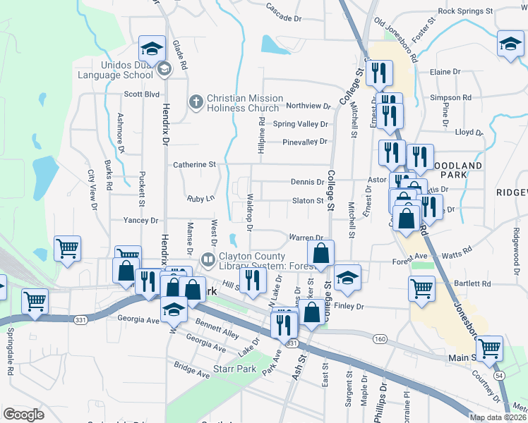 map of restaurants, bars, coffee shops, grocery stores, and more near 780 Warren Drive in Forest Park
