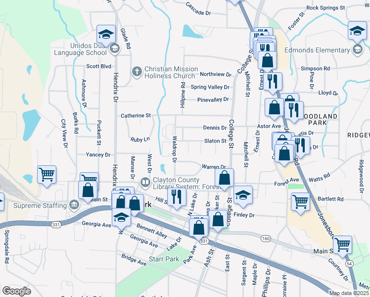 map of restaurants, bars, coffee shops, grocery stores, and more near 780 Warren Drive in Forest Park